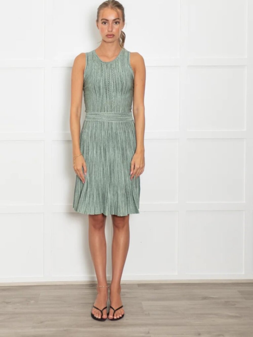 Sandro Paris Sage Green Metallic Ribbed Midi Dress- Fits XS/S (US 2)- MSRP $480